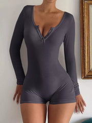 Gray ribbed knit long sleeve romper with button-down neckline and short bottoms
