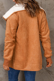 Caramel suede-effect jacket with white sherpa collar and brown cuffs.