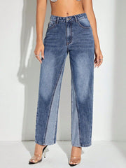 Panelled medium wash denim jeans with a modern straight leg cut and buttoned fly.