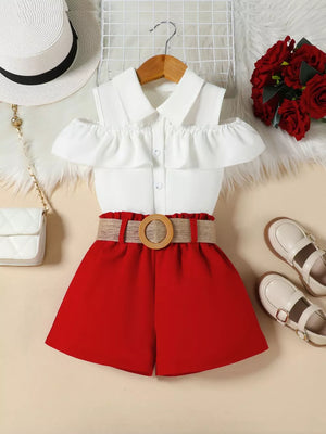 Toddler cold-shoulder ruffled top with red belted shorts set