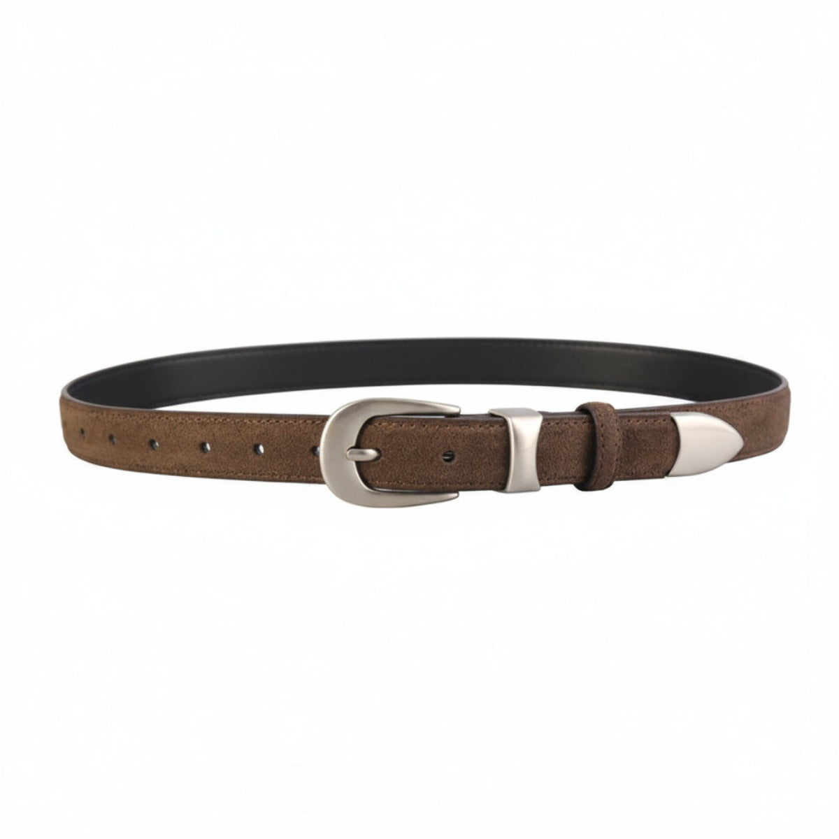 Brown cowhide leather belt with silver buckle and tip detail