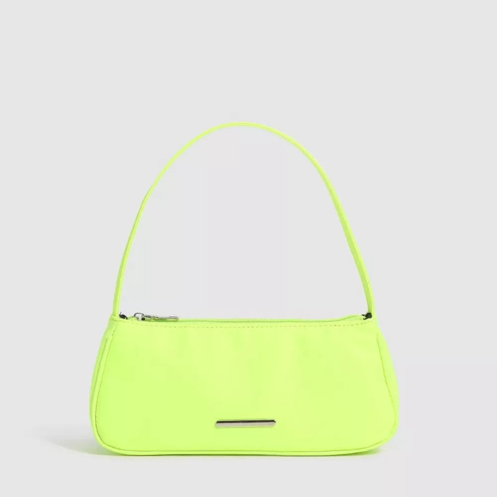 Sleek mini nylon shoulder bag in light green with a silver bar detail and zip closure.