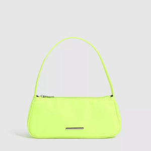 Sleek mini nylon shoulder bag in light green with a silver bar detail and zip closure.