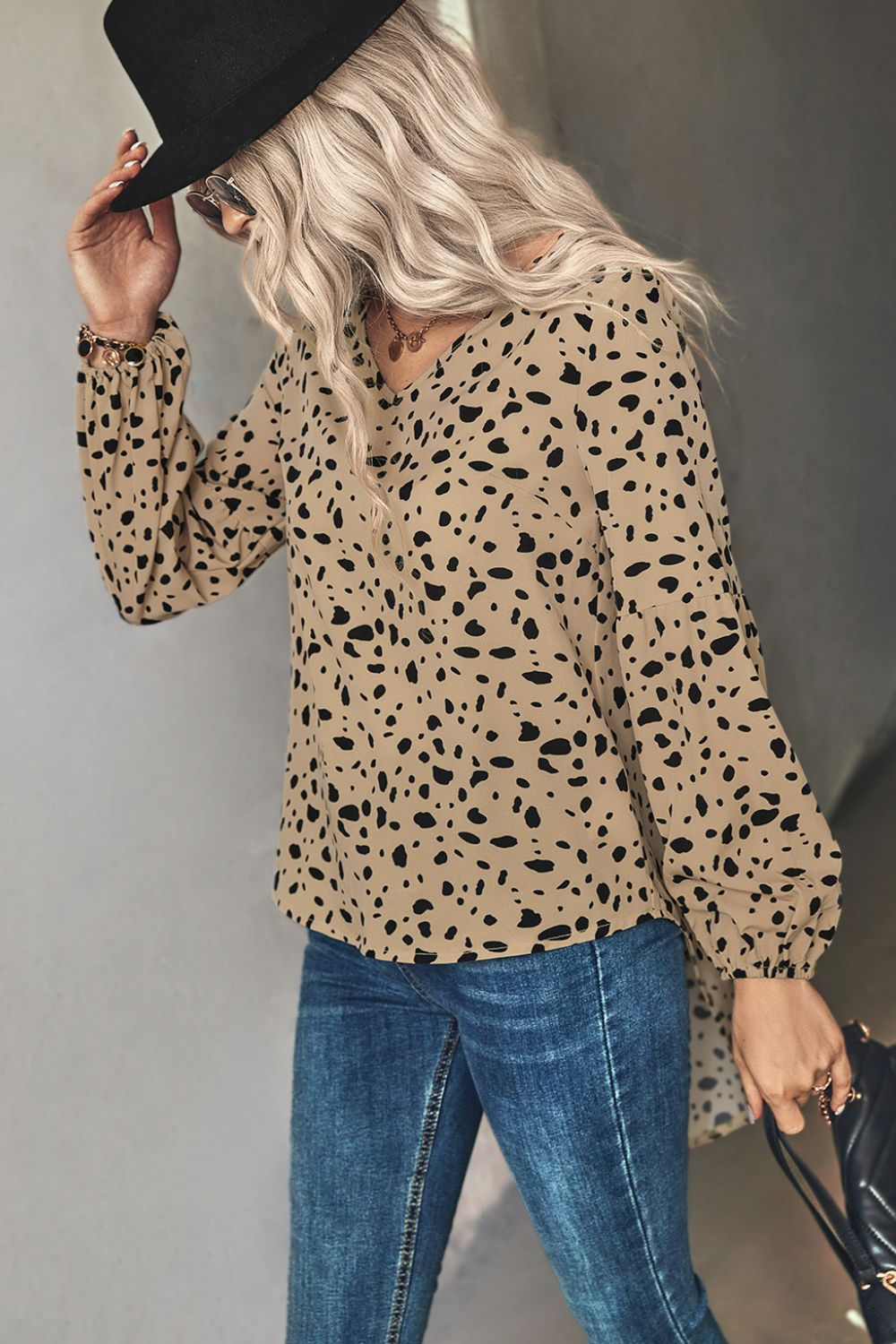 Khaki dalmatian print blouse with balloon sleeves and v-neck