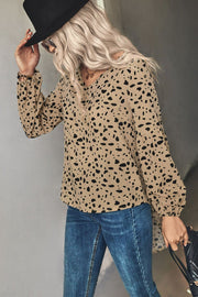 Khaki dalmatian print blouse with balloon sleeves and v-neck