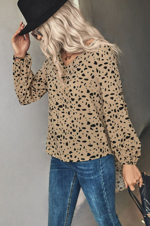 Khaki dalmatian print blouse with balloon sleeves and v-neck