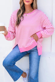 Stripe Textured Knit Color Block Long Sleeve Top in Blush Pink, alternate angle