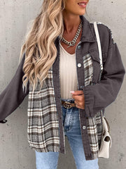 Panelled plaid denim hybrid jacket in dark gray with button closure and plaid inserts.