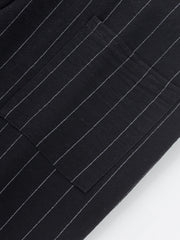 Black pinstripe sweatpants with wide legs and pocket detail.