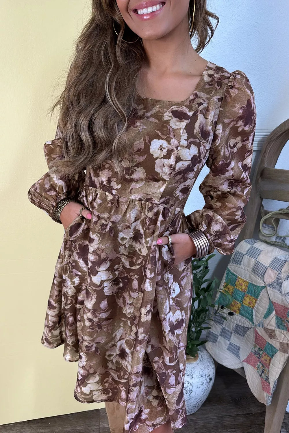 Abstract Floral Print Square Neck Mini Dress in Brown, model styling view