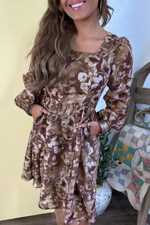 Abstract Floral Print Square Neck Mini Dress in Brown, model styling view