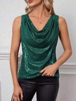 Sequin drape neckline tank top in dark green with a cowl neck.