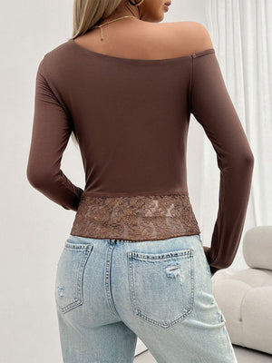 Brown off-shoulder long sleeve top with lace trim detail
