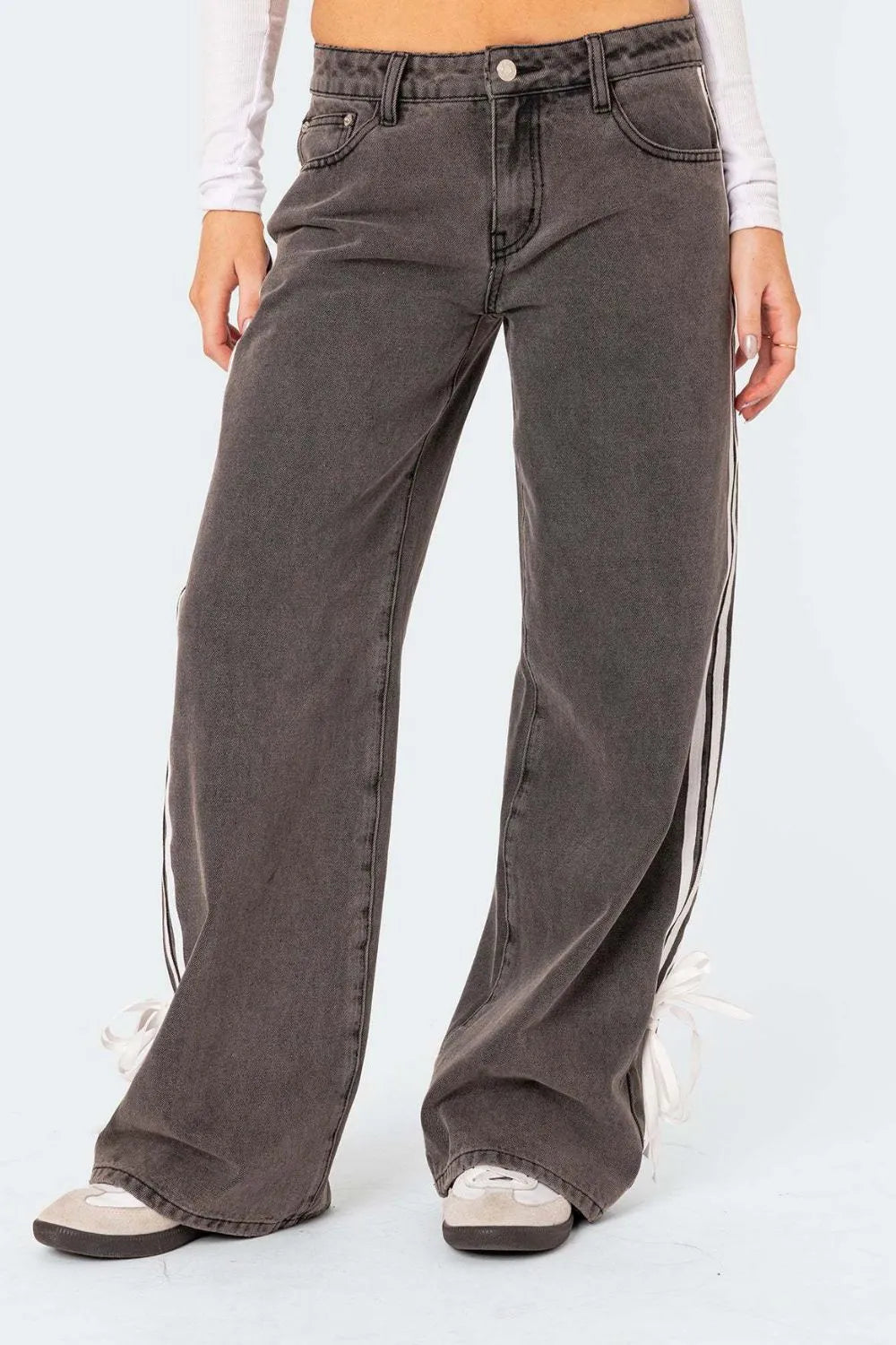 Side stripe wide-leg denim trousers in mocha with white side stripes and tie detail at hem.