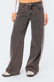 Side stripe wide-leg denim trousers in mocha with white side stripes and tie detail at hem.