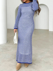 Blue and white striped maxi sweater dress with long sleeves and a crew neck.
