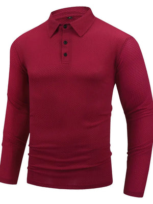 Burgundy textured long sleeve polo shirt with articulated sleeves and buttoned placket.