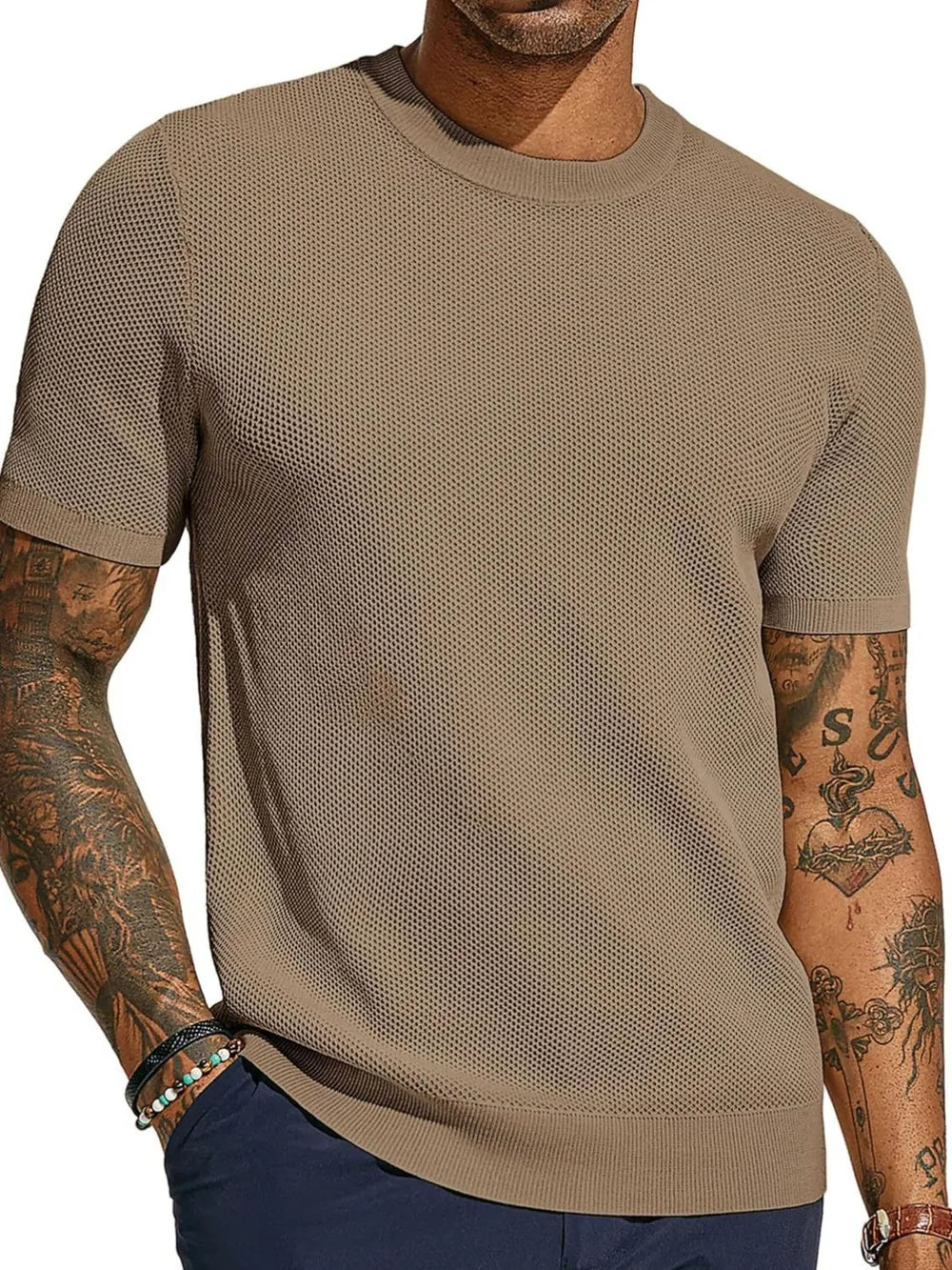 Textured knit crewneck tee in Khaki with short sleeves and a ribbed hem.