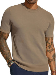 Textured knit crewneck tee in Khaki with short sleeves and a ribbed hem.