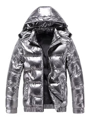 Silver reflective hooded puffer coat for men with zippered pockets and elastic cuffs.
