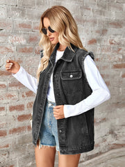 Black denim utility vest with raw edges, button front, and chest pockets.
