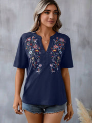 Dark navy tunic tee with floral embroidery and crochet trim V-neck
