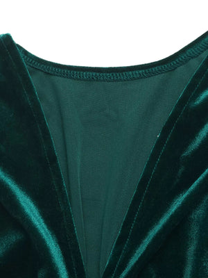 Green velvet V-neck maxi dress with ruched detail and classic silhouette.