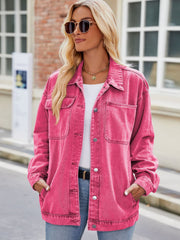 Fuchsia oversized denim shacket with button-down front and chest pockets.