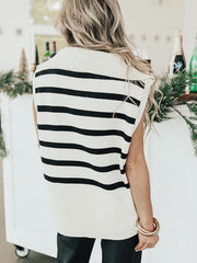 Ivory striped ribbed knit sweater vest with a zip-neck collar.