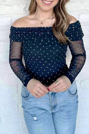 Dark Navy Off-shoulder Polka Dot Mesh Blouse