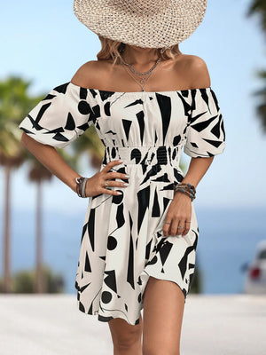Off-shoulder mini dress with geometric print, shirred waist, and balloon sleeves.