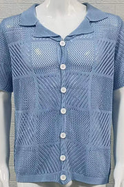 Light blue geometric knit polo shirt with button front and short sleeves