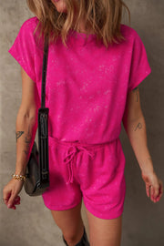 Hot pink acid wash tee and shorts set with drawstring waist.