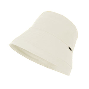 Beige cotton bucket hat with wide brim and stitched detail.