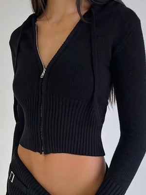 Zip Up Hooded Cardigan And Pants Sweater Set in Black, side view