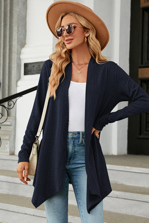 Dark blue textured knit cardigan with asymmetrical drape front and long sleeves.
