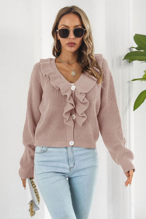 Dusty pink acrylic knit cardigan with ruffled collar and button front.