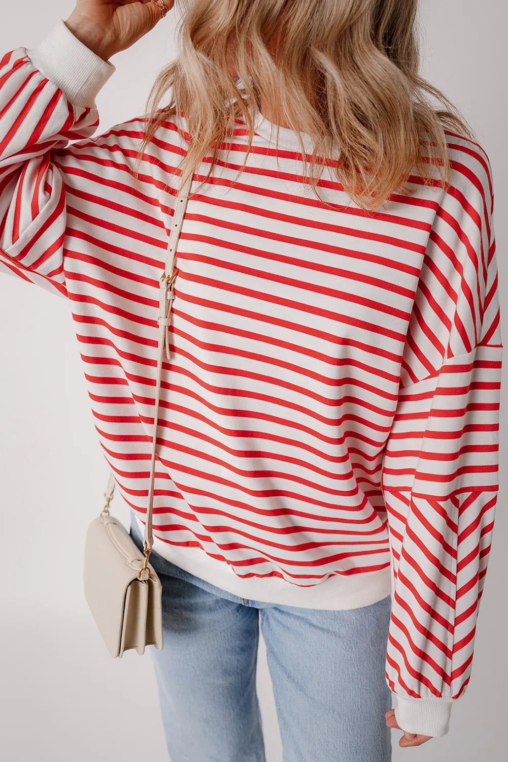 Chevron-Inset Stripe Sweatshirt in Strawberry red and white stripes, crewneck, casual fit
