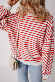 Chevron-Inset Stripe Sweatshirt in Strawberry red and white stripes, crewneck, casual fit