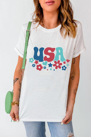 White t-shirt with groovy USA graphic and floral details, casual crew neck tee