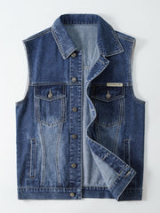 Men's vintage washed denim vest with button-down front and chest pockets.