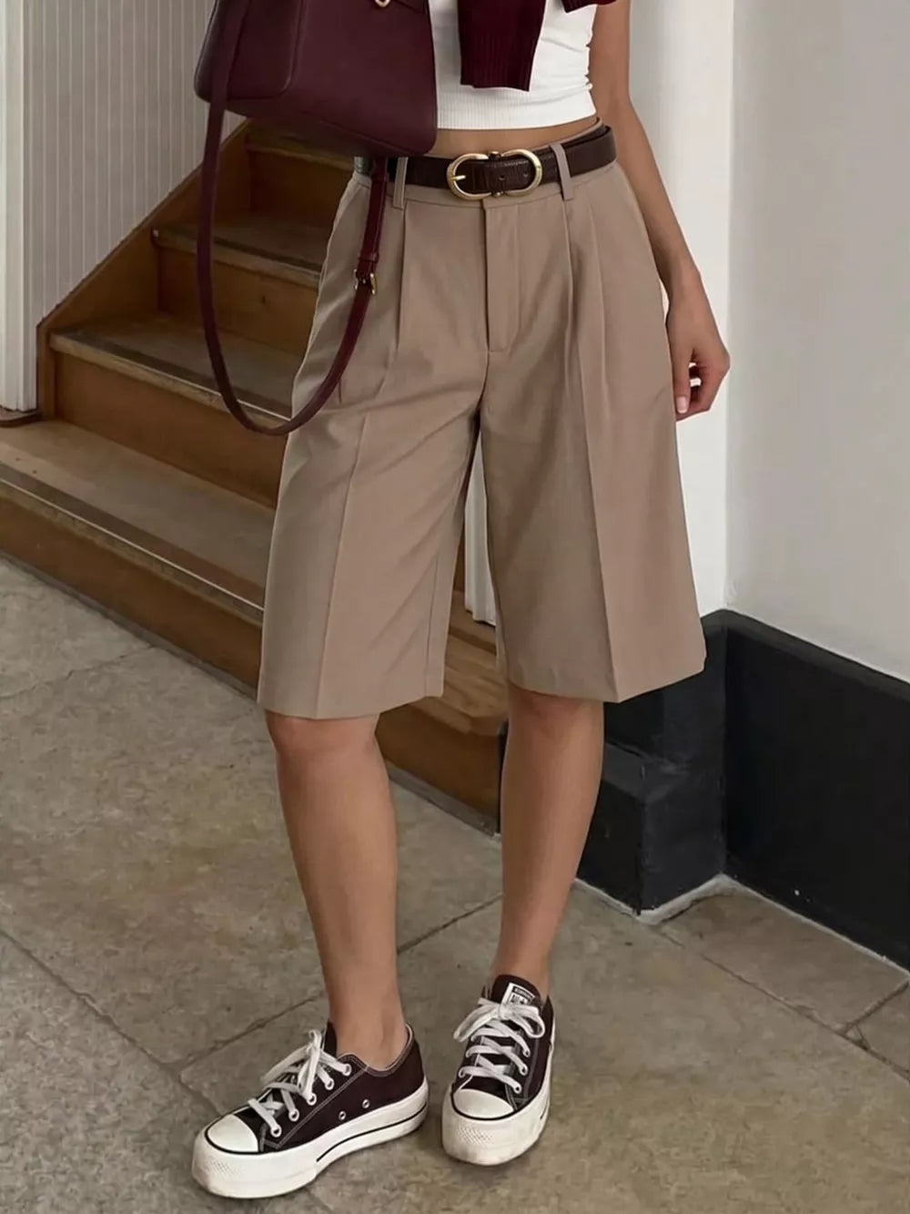High-waisted Pleated Shorts in Khaki, side view
