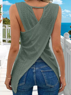 Army green openwork knit tank top with crisscross back detail and cutout.