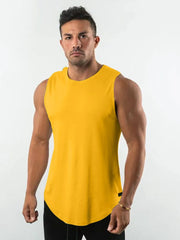 Gold curved hem muscle tank top with a rounded neckline.
