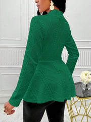Green textured knit peplum blazer with cable knit details and a mock neck.