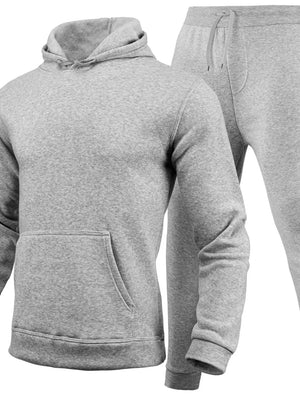 Gray fleece hoodie with kangaroo pocket and matching joggers with drawstring waist.