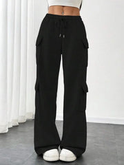 Black relaxed fit cargo pants with drawstring waist and multiple pockets.