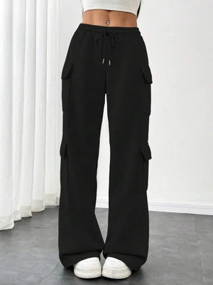 Black relaxed fit cargo pants with drawstring waist and multiple pockets.