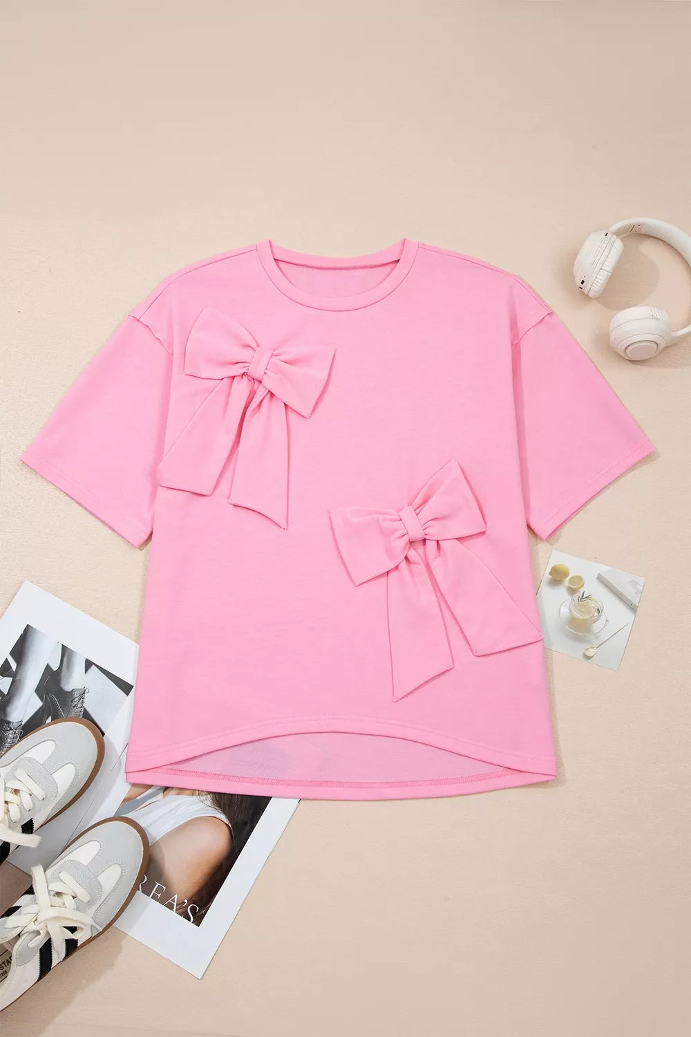 Solid Color Raw Edge Bow Patch Loose T Shirt in Pink, close-up detail