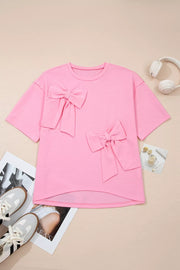 Solid Color Raw Edge Bow Patch Loose T Shirt in Pink, close-up detail